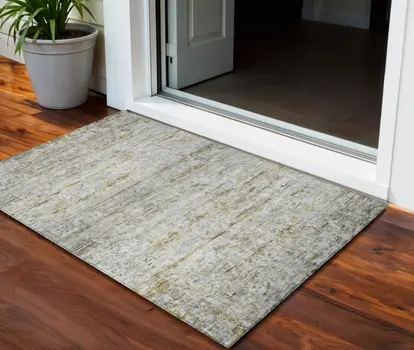 3' X 5' Taupe Ivory And Green Striped Washable Indoor Outdoor Area Rug