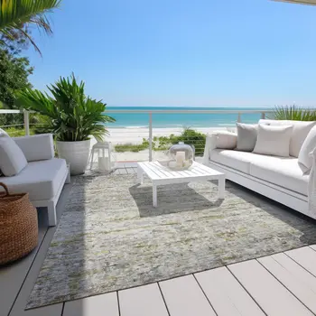 3' X 5' Taupe Ivory And Green Striped Washable Indoor Outdoor Area Rug