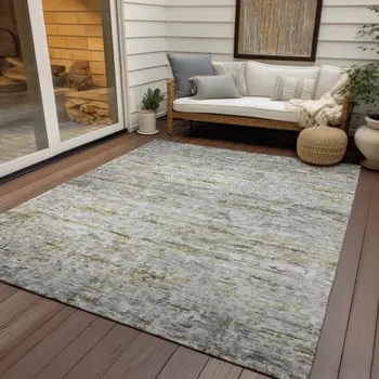 8' X 10' Taupe Ivory And Green Striped Washable Indoor Outdoor Area Rug