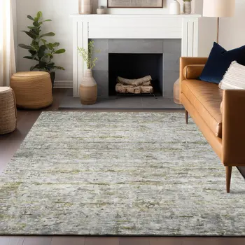 8' X 10' Taupe Ivory And Green Striped Washable Indoor Outdoor Area Rug
