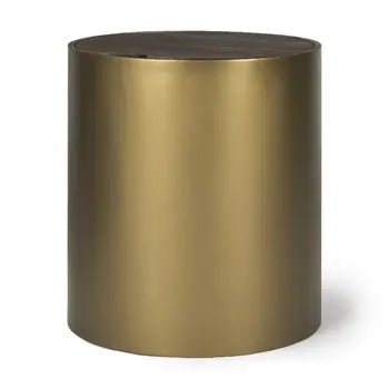 22" Antiqued Gold And Brown Metal And Solid Wood Drum End Table With Storage