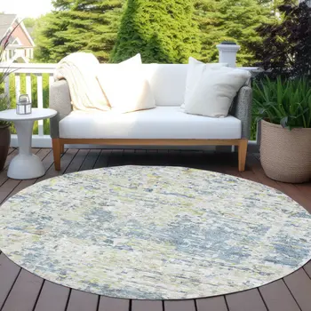 8' Blue Gray And Green Round Abstract Washable Indoor Outdoor Area Rug