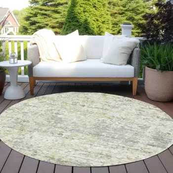 8' Sage Charcoal And Ivory Round Abstract Washable Indoor Outdoor Area Rug
