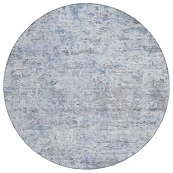 8' Sky Blue Charcoal And Ivory Round Abstract Washable Indoor Outdoor Area Rug