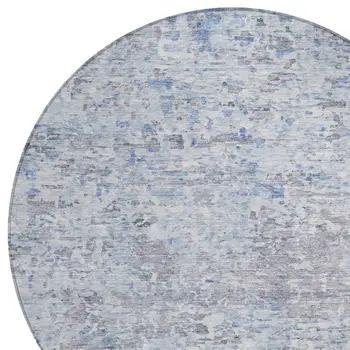 8' Sky Blue Charcoal And Ivory Round Abstract Washable Indoor Outdoor Area Rug