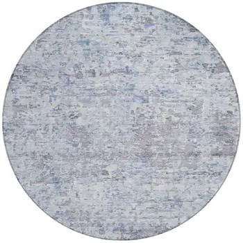 8' Sky Blue Charcoal And Ivory Round Abstract Washable Indoor Outdoor Area Rug
