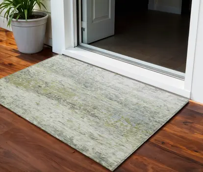 3' X 5' Artichoke Green Gray And Ivory Abstract Washable Indoor Outdoor Area Rug
