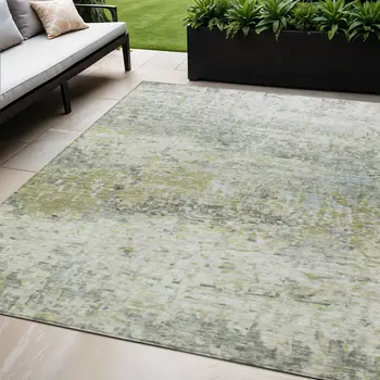 5' X 8' Artichoke Green Gray And Ivory Abstract Washable Indoor Outdoor Area Rug