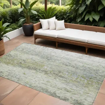 8' X 10' Artichoke Green Gray And Ivory Abstract Washable Indoor Outdoor Area Rug