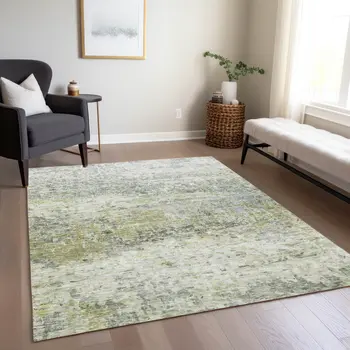 8' X 10' Artichoke Green Gray And Ivory Abstract Washable Indoor Outdoor Area Rug