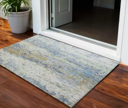 3' X 5' Blue Green And Ivory Abstract Washable Indoor Outdoor Area Rug