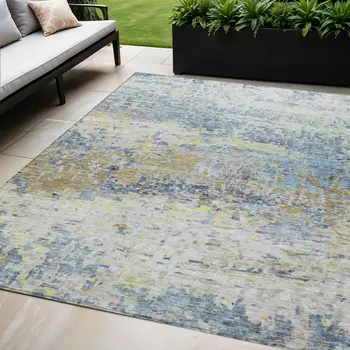 5' X 8' Blue Green And Ivory Abstract Washable Indoor Outdoor Area Rug
