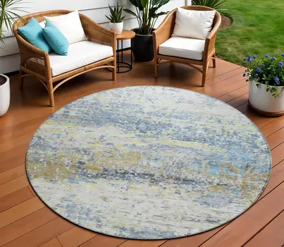 8' Blue Green And Ivory Round Abstract Washable Indoor Outdoor Area Rug