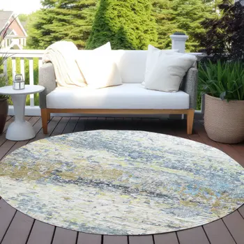 8' Blue Green And Ivory Round Abstract Washable Indoor Outdoor Area Rug