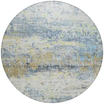 8' Blue Green And Ivory Round Abstract Washable Indoor Outdoor Area Rug