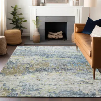 10' X 14' Blue Green And Ivory Abstract Washable Indoor Outdoor Area Rug