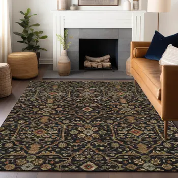 3' X 5' Black Brown And Red Floral Washable Indoor Outdoor Area Rug
