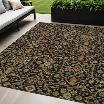 5' X 8' Black Brown And Red Floral Washable Indoor Outdoor Area Rug