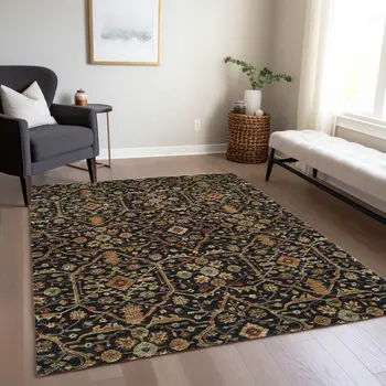 5' X 8' Black Brown And Red Floral Washable Indoor Outdoor Area Rug