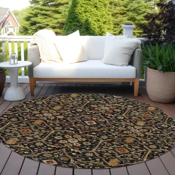 8' Black Brown And Red Round Floral Washable Indoor Outdoor Area Rug