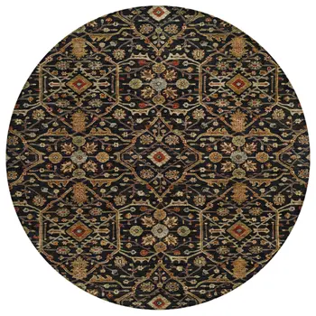 8' Black Brown And Red Round Floral Washable Indoor Outdoor Area Rug