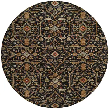 8' Black Brown And Red Round Floral Washable Indoor Outdoor Area Rug