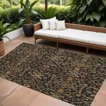 9' X 12' Black Brown And Red Floral Washable Indoor Outdoor Area Rug