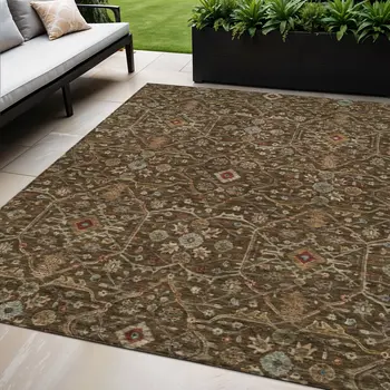 5' X 8' Chocolate Red And Green Floral Washable Indoor Outdoor Area Rug