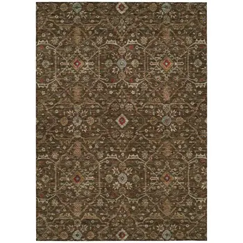 5' X 8' Chocolate Red And Green Floral Washable Indoor Outdoor Area Rug