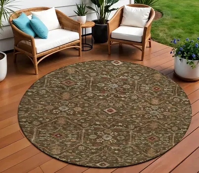 8' Chocolate Red And Green Round Floral Washable Indoor Outdoor Area Rug