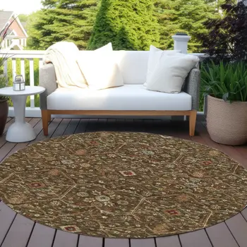 8' Chocolate Red And Green Round Floral Washable Indoor Outdoor Area Rug