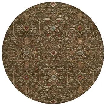 8' Chocolate Red And Green Round Floral Washable Indoor Outdoor Area Rug