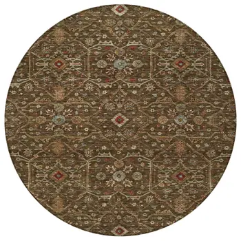8' Chocolate Red And Green Round Floral Washable Indoor Outdoor Area Rug