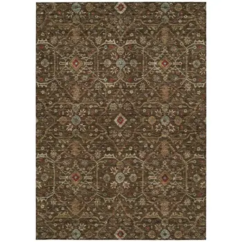 9' X 12' Chocolate Red And Green Floral Washable Indoor Outdoor Area Rug