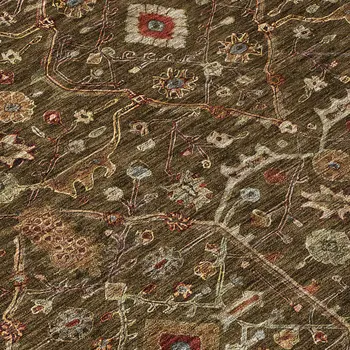 9' X 12' Chocolate Red And Green Floral Washable Indoor Outdoor Area Rug