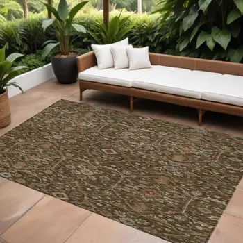 10' X 14' Chocolate Red And Green Floral Washable Indoor Outdoor Area Rug