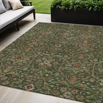 5' X 8' Emerald Brown And Red Floral Washable Indoor Outdoor Area Rug