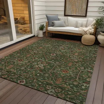 5' X 8' Emerald Brown And Red Floral Washable Indoor Outdoor Area Rug