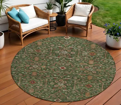 8' Emerald Brown And Red Round Floral Washable Indoor Outdoor Area Rug