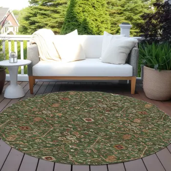 8' Emerald Brown And Red Round Floral Washable Indoor Outdoor Area Rug