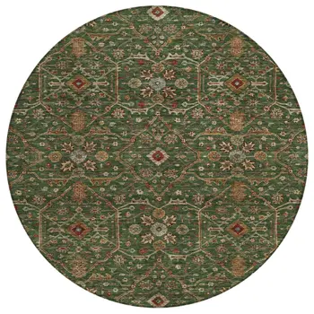 8' Emerald Brown And Red Round Floral Washable Indoor Outdoor Area Rug