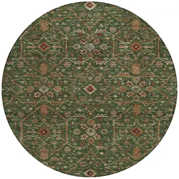 8' Emerald Brown And Red Round Floral Washable Indoor Outdoor Area Rug