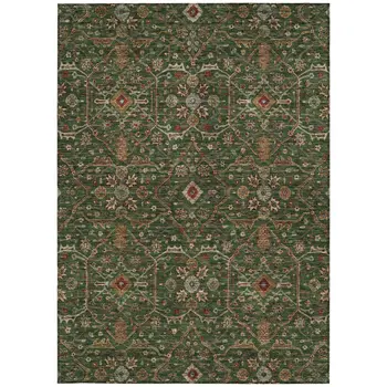 8' X 10' Emerald Brown And Red Floral Washable Indoor Outdoor Area Rug
