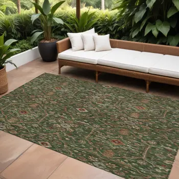 10' X 14' Emerald Brown And Red Floral Washable Indoor Outdoor Area Rug