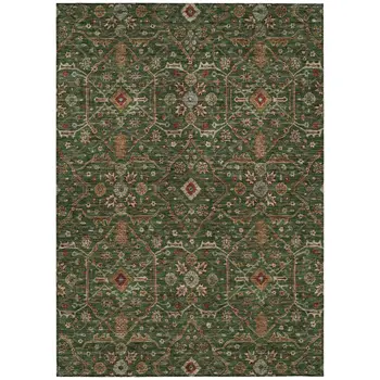 10' X 14' Emerald Brown And Red Floral Washable Indoor Outdoor Area Rug