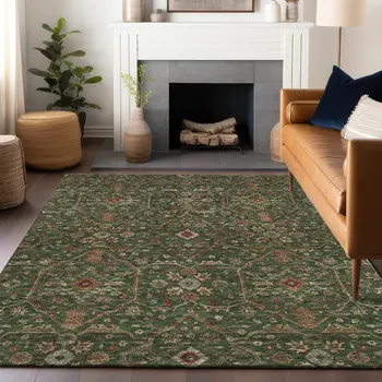 10' X 14' Emerald Brown And Red Floral Washable Indoor Outdoor Area Rug