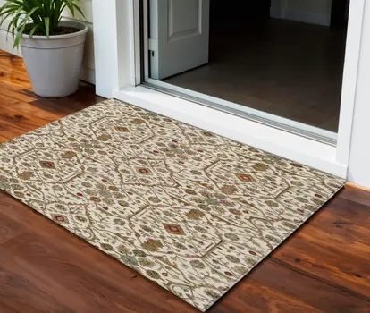 3' X 5' Ivory Brown And Red Floral Washable Indoor Outdoor Area Rug
