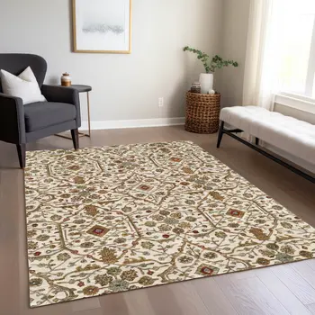 3' X 5' Ivory Brown And Red Floral Washable Indoor Outdoor Area Rug