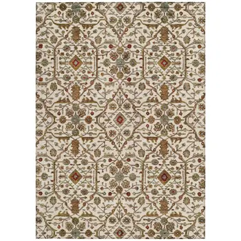 5' X 8' Ivory Brown And Red Floral Washable Indoor Outdoor Area Rug