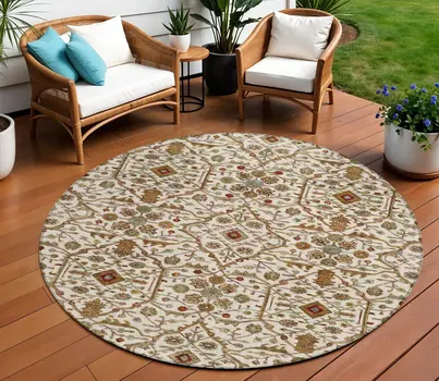 8' Ivory Brown And Red Round Floral Washable Indoor Outdoor Area Rug